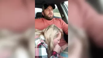 Husband receives a blowjob in car from wife while driving