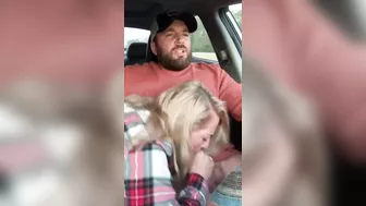 Husband receives a blowjob in car from wife while driving