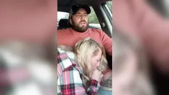 Husband receives a blowjob in car from wife while driving