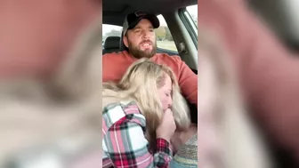 Husband receives a blowjob in car from wife while driving