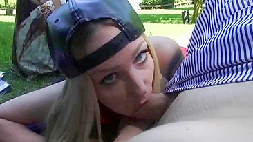 Sex at picnic on the grass in public place with blonde girlfriend