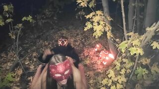 Amateur couple makes sex in the woods on the Halloween