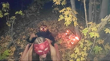 Amateur couple makes sex in the woods on the Halloween