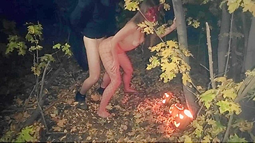 Amateur couple makes sex in the woods on the Halloween