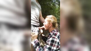 Blowjob and deepthroat with girlfriend outdoor deep in the woods