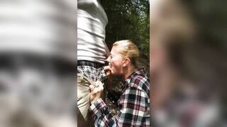 Blowjob and deepthroat with girlfriend outdoor deep in the woods