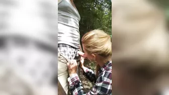 Blowjob and deepthroat with girlfriend outdoor deep in the woods