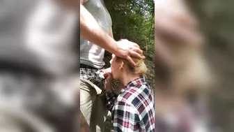 Blowjob and deepthroat with girlfriend outdoor deep in the woods