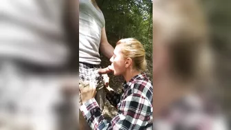 Blowjob and deepthroat with girlfriend outdoor deep in the woods