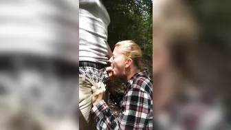 Blowjob and deepthroat with girlfriend outdoor deep in the woods