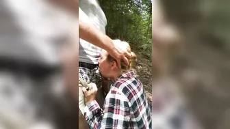 Blowjob and deepthroat with girlfriend outdoor deep in the woods
