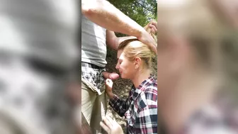 Blowjob and deepthroat with girlfriend outdoor deep in the woods