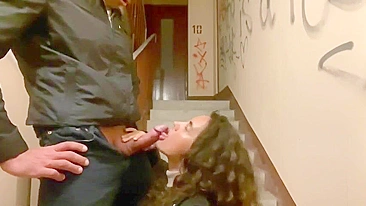Couple does risky sex on the hallway in public building with flats