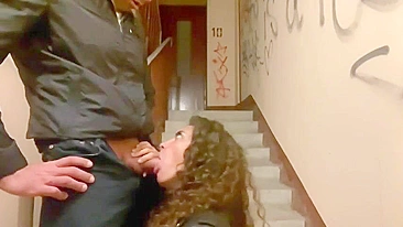 Couple does risky sex on the hallway in public building with flats