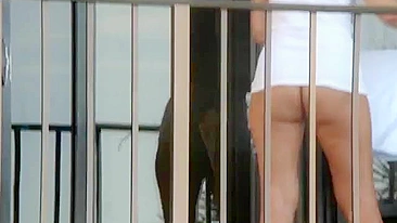 Hot naked woman on hotel balcony caught voyeur