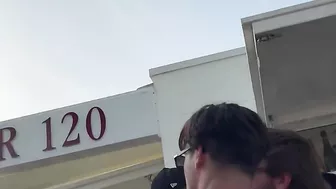 Horny girlfriend with no panties flashing pussy at the terrace