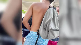 Horny girlfriend with no panties flashing pussy at the terrace