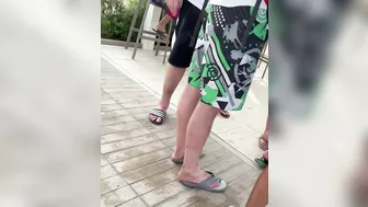 Horny girlfriend with no panties flashing pussy at the terrace