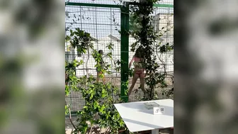 Horny girlfriend with no panties flashing pussy at the terrace