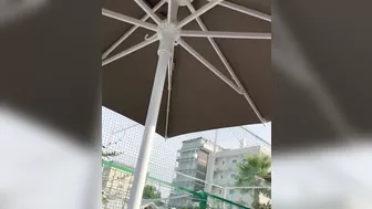 Horny girlfriend with no panties flashing pussy at the terrace