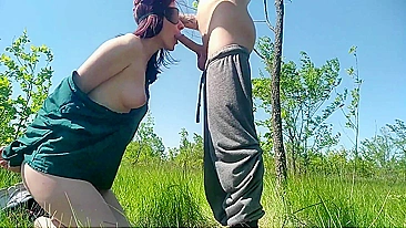 Blindfolded girlfriend oral sex and fuck outdoor in the grass