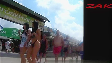 Sexy woman with a great ass wearing thong is filmed by candid camera in public