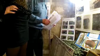 Nude exhibitionism at museum with a superb woman flashing at candid camera