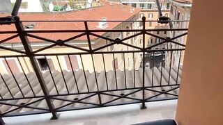 Fuck on a public balcony with superb woman with huge tits