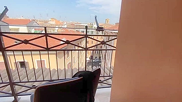 Fuck on a public balcony with superb woman with huge tits