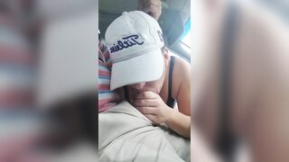 Husband gets a blowjob from wife while driving the car