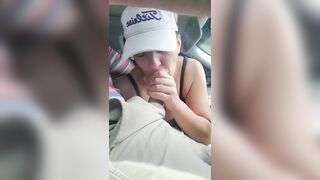 Husband gets a blowjob from wife while driving the car