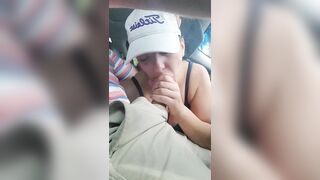 Husband gets a blowjob from wife while driving the car