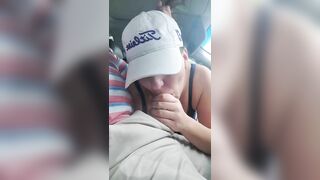 Husband gets a blowjob from wife while driving the car