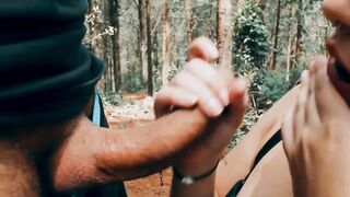 Hot blowjob in the woods in natural park