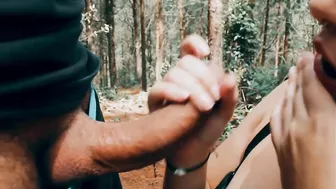 Hot blowjob in the woods in natural park