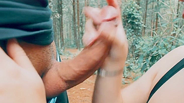 Hot blowjob in the woods in natural park