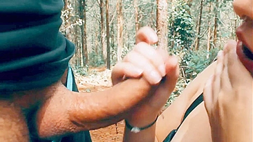 Hot blowjob in the woods in natural park