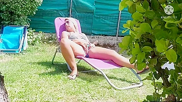 MILF masturbating in garden is surprised by husband and they have sex
