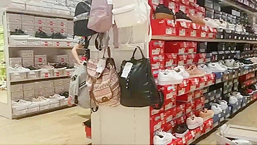 Young girl with no panties filmed with candid camera in shoe store