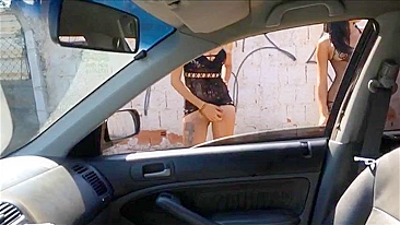 Hookers caught naked on the street secretly filmed on hidden camera in car