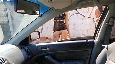 Hookers caught naked on the street secretly filmed on hidden camera in car