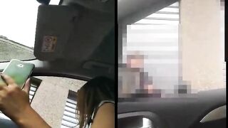 Sexy woman flashing nude in the car to passer-by man