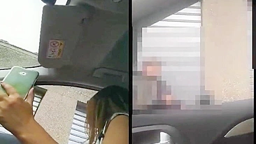 Sexy woman flashing nude in the car to passer-by man