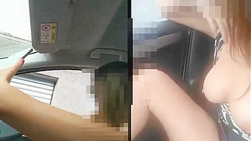 Sexy woman flashing nude in the car to passer-by man