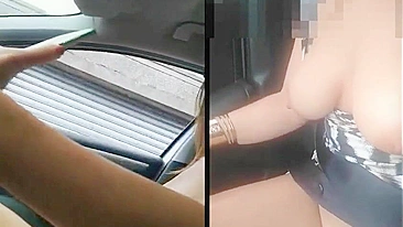 Sexy woman flashing nude in the car to passer-by man