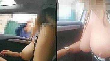 Sexy woman flashing nude in the car to passer-by man