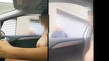 Sexy woman flashing nude in the car to passer-by man