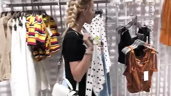 Two blonde Russian babes kiss and fuck in public store dressing room