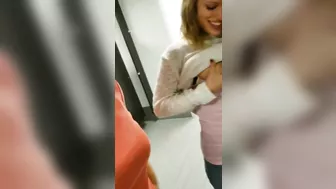 Wow so hot girl sucking lactating boobs of a girlfriend in public restroom