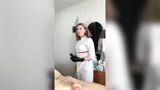 Man ejaculates at salon while getting his pubic hair removed by hot woman